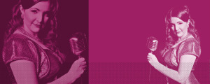 Priscilla Coblentz, pin-up photo with microphone, listen to her music today!